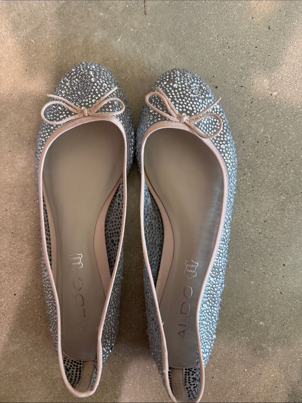 Aldo Silver Crystal Ballet Flats with Blush Trim Bow